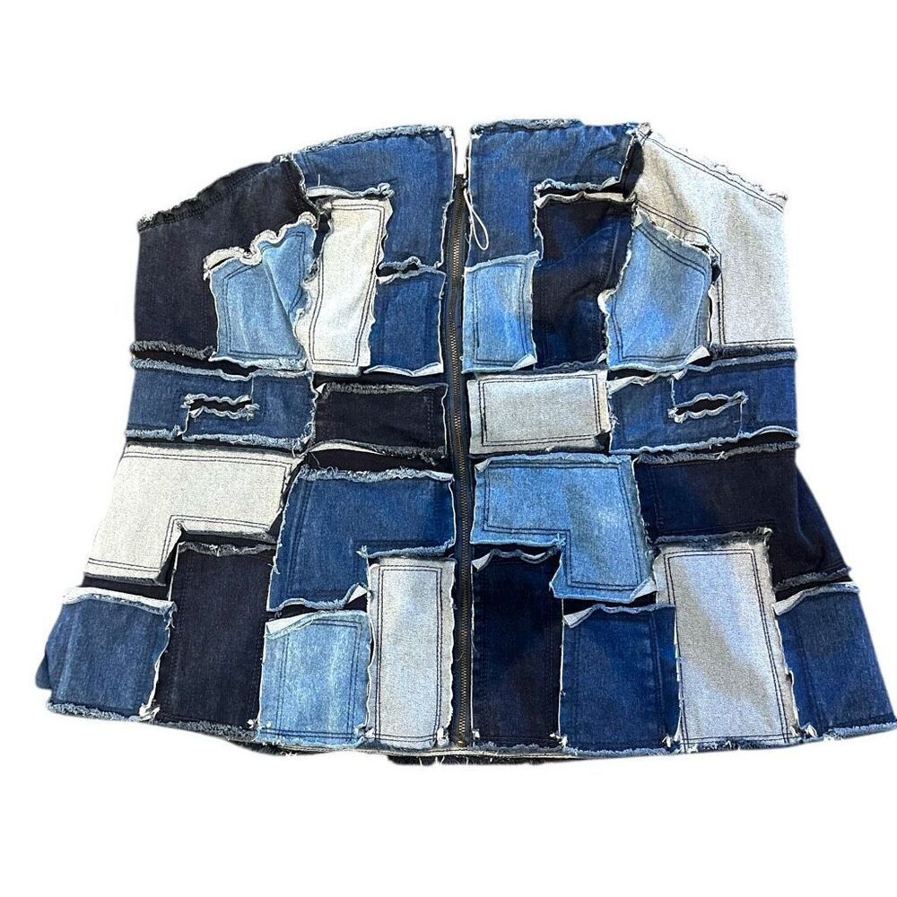 6th & Lane Denim‎ Patchwork Front Zip Stretchy Removable Straps Plus Sz 24 Top - Picture 2 of 6